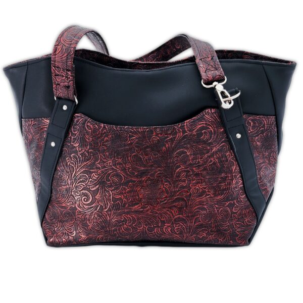 Hiraeth Handbag - Plain black with Metallic Red Embossed Floral
